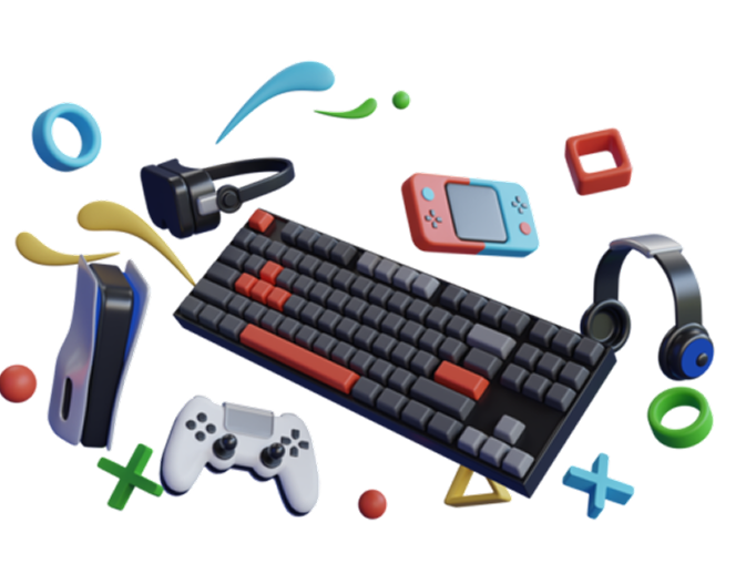 Gaming setup with keyboard, controller, and accessories